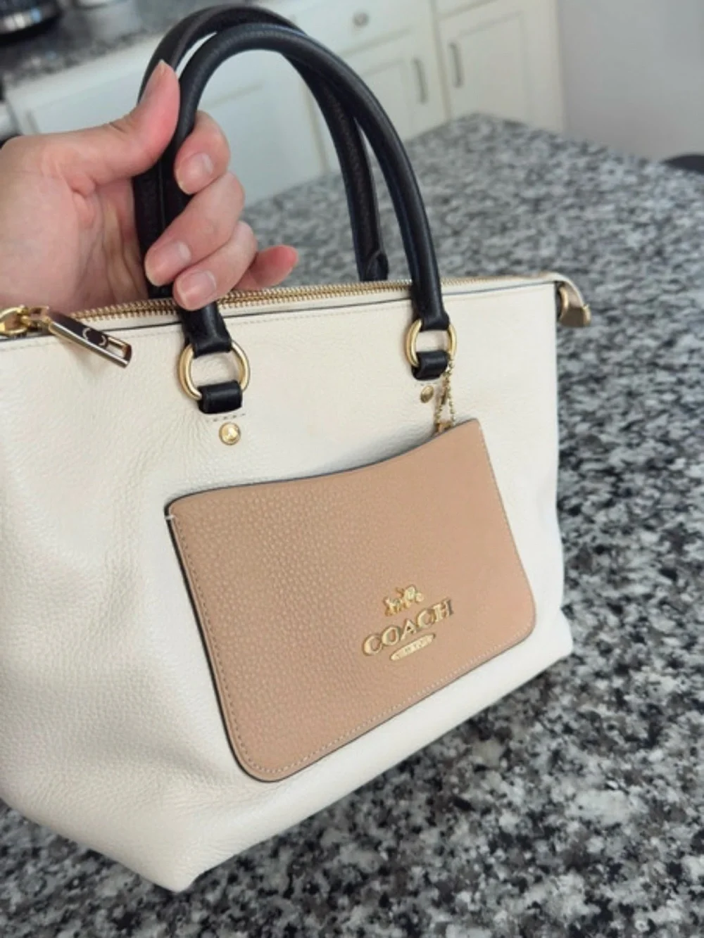 Coach Two-Tone Leather Satchel, Tan & Black with Gold hardware Hand-tag